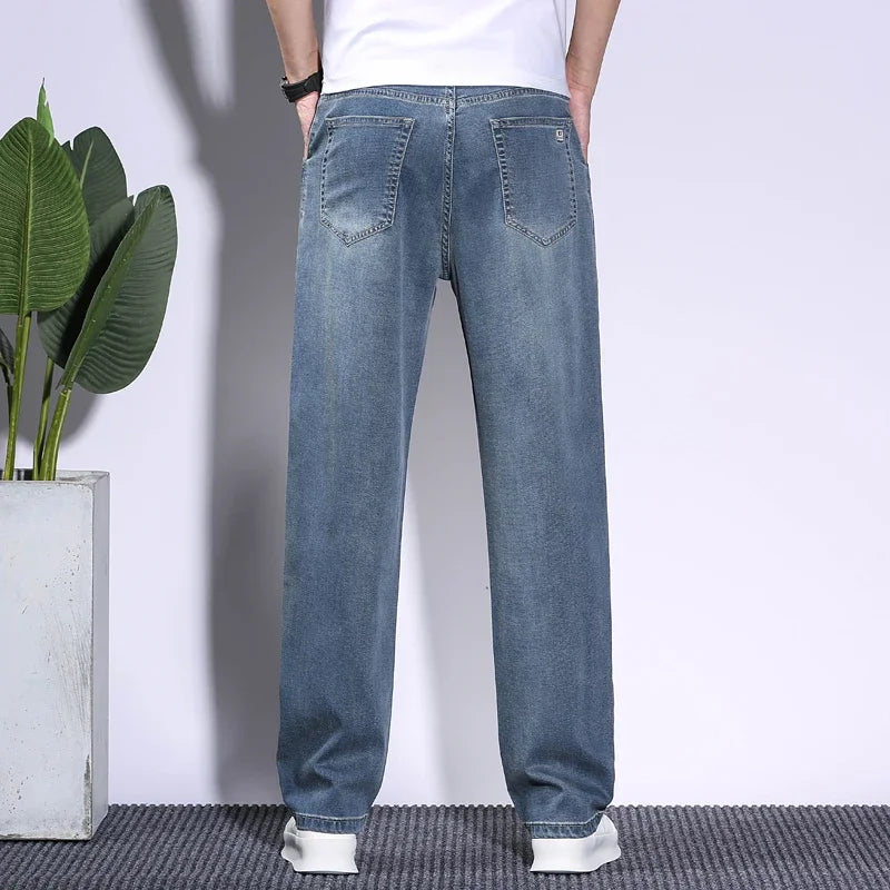 Soft Men's Lyocell Baggy Jeans Thin Summer Breathable Straight Pants Vintage Business Casual Fashion Korea Male Denim Trousers