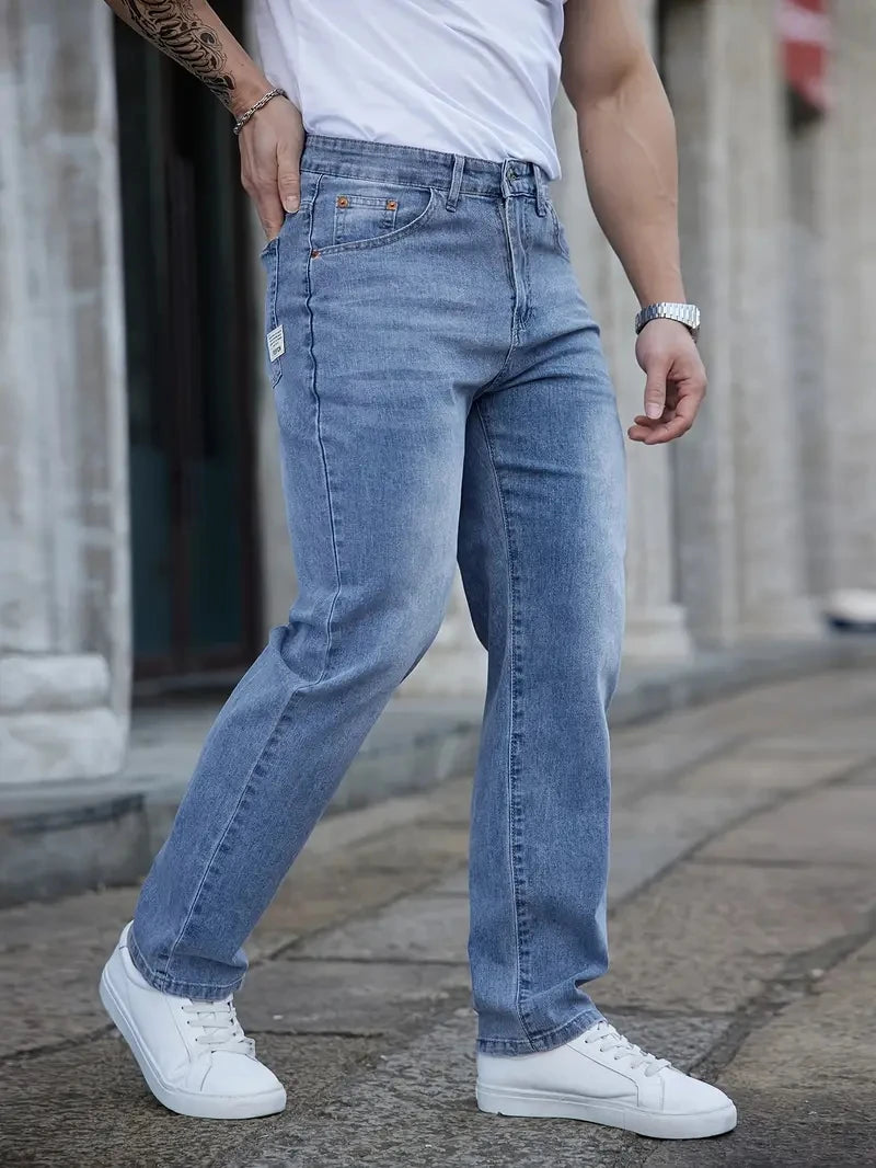 2025 Summer Thin Men's Stretch Baggy Jeans  Elastic Waist Embroidery Business Casual Straight Denim Trousers Classic Style Male