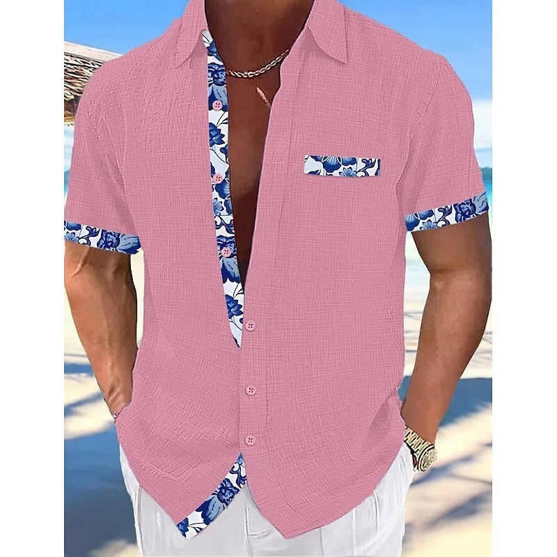Men's Shirt Linen Shirt Summer Shirt Beachwear Button Shirt Solid Color Vacation Black White Pink Navy Short Sleeve Lapel XS-5XL