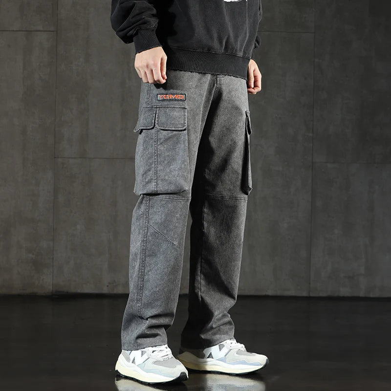 New Men's Loose Cargo Jeans Outdoor Paratrooper Straight Pants Fashionable Stretch Loose Wide Leg Pants Large Size 4XL 5XL