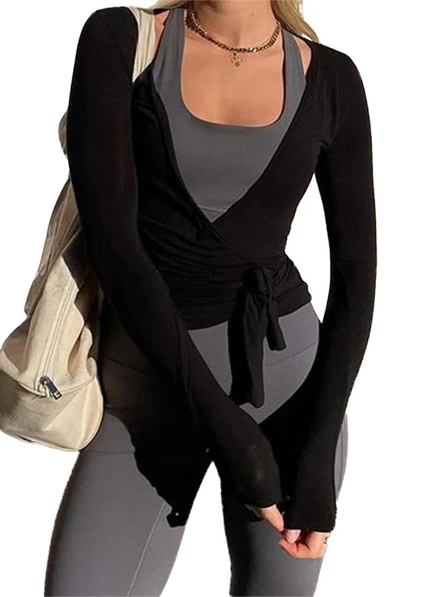 GuliriFei Women’s Cross Wrap Tie Tops Long Sleeve Deep V-Neck Solid Color Slim Fit T-Shirts Workout Blouses