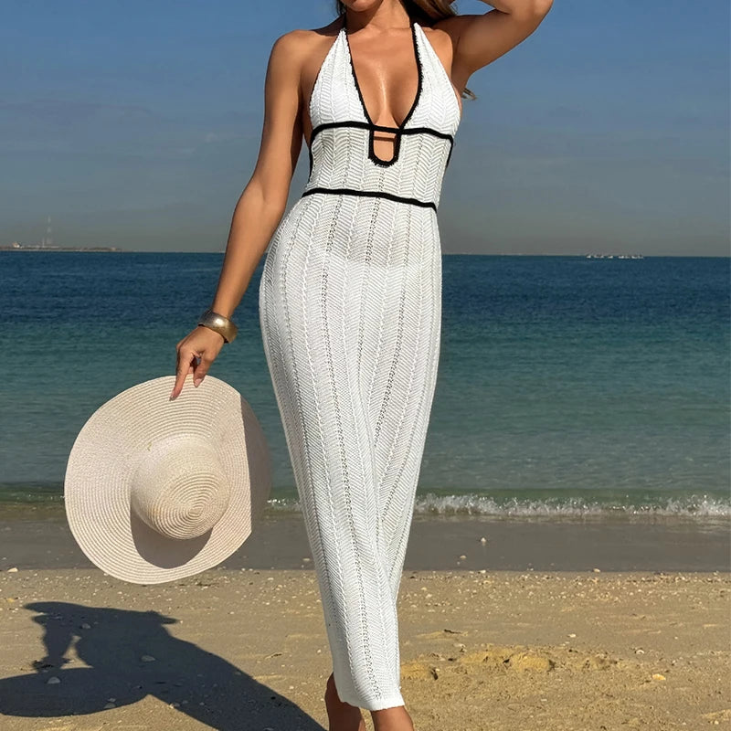 Women's Sexy See-Through Backless Tie Up Long Dress Summer Beach Holiday Swimsuit Cover Up Ladies Knitted Tunic Slip Dress