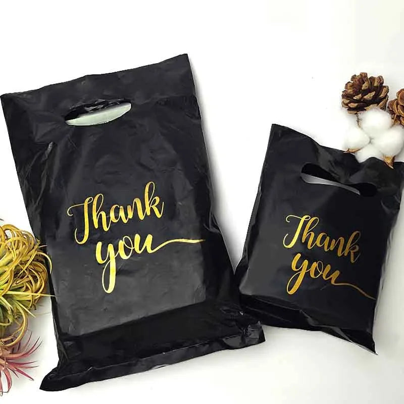 10/20/50/100PCS Black Gift Handbag Thank You Gold Print Party Anniversary Christmas Mother's Day Father's Day Shopping Gift Bag
