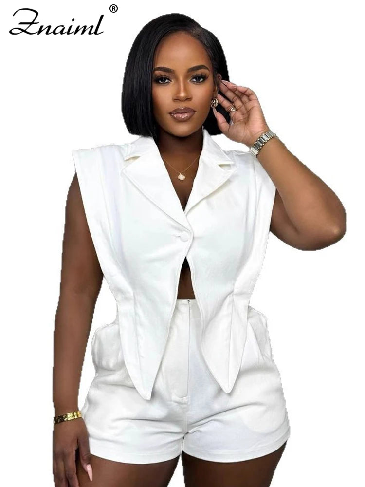 Znaiml Elegant White Patchwork Rompers Playsuits Women Lapel Sleeveless Slim Shorts Jumpsuits Hollow Button Birthday Overalls