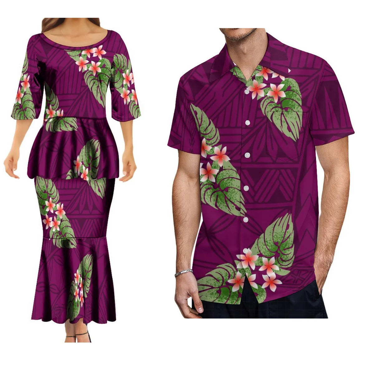 Polynesian Tribes Print Family Matching Clothing Couple Clothing Samoan Dress Puletasi Suit And Plus-Size Men'S Shirt