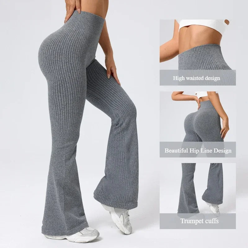 Seamless High Waist Yoga Flared Pants Textured Ribbed Design Tummy Control Fitness Workout Stretchy Bootcut Leggings Comfort