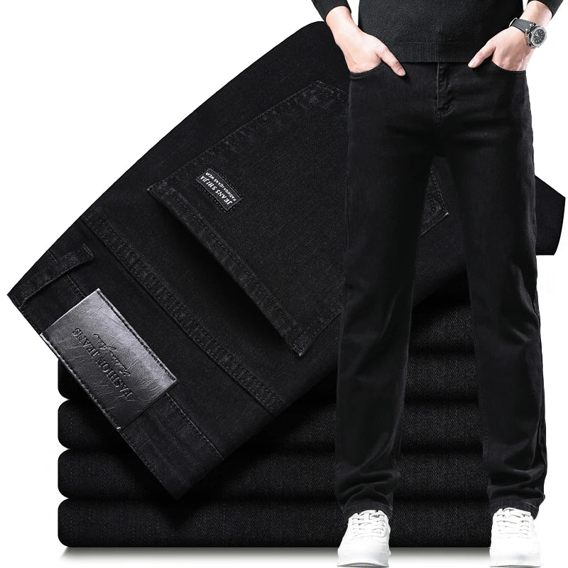 Men's Pure Black Jeans Version Trendy Straight Fit Pants Men's Comfortable  Elastic Classic Business Jeans brand Denim Trousers