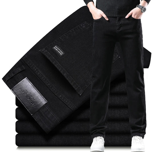 Men's Pure Black Jeans Version Trendy Straight Fit Pants Men's Comfortable  Elastic Classic Business Jeans brand Denim Trousers