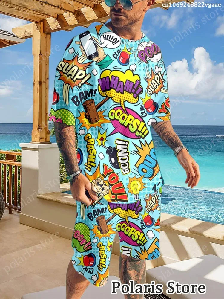 Summer Graffiti Sportswear Men's Fun T-shirt Set Manga Illustrations Loose Clothing Hip Hop Sportswear Two Piece Set Uniform Lig