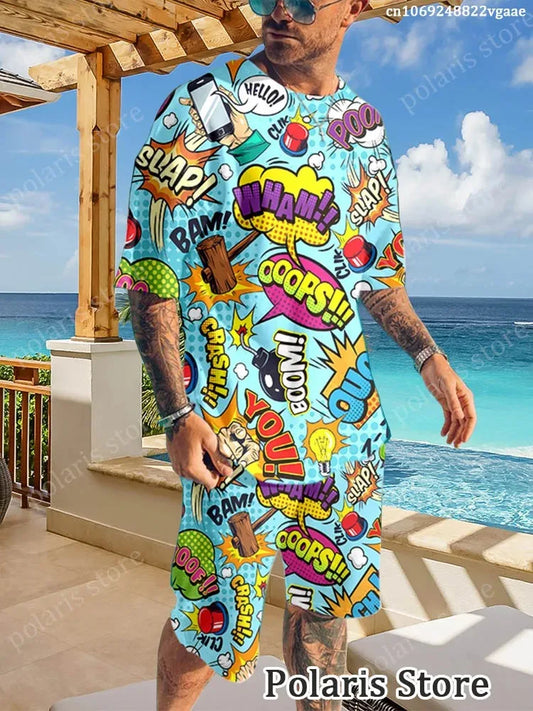 Summer Graffiti Sportswear Men's Fun T-shirt Set Manga Illustrations Loose Clothing Hip Hop Sportswear Two Piece Set Uniform Lig