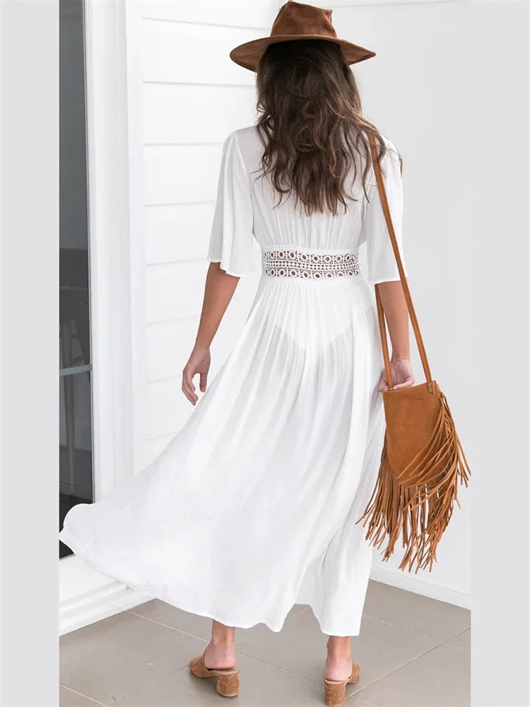 2025 Summer Bikini Cover-ups Women Bohemian Beach Long Dress Short Sleeve Lace Hollow Out Cardigan Swimwear Cover Ups Beachwear