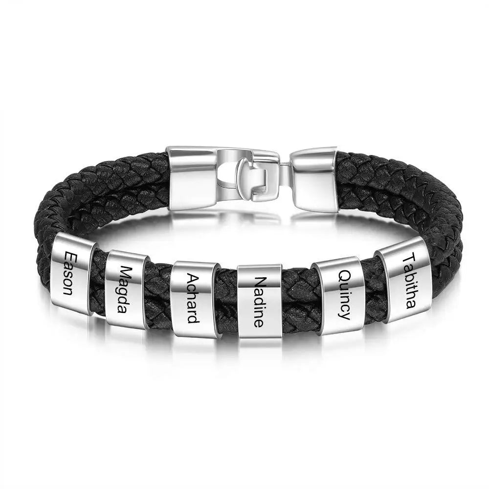 Custom Family Names Beads Bracelet Men Personalized Engraved Bracelets Black Leather Stainless Steel Bracelet Father's Day gift