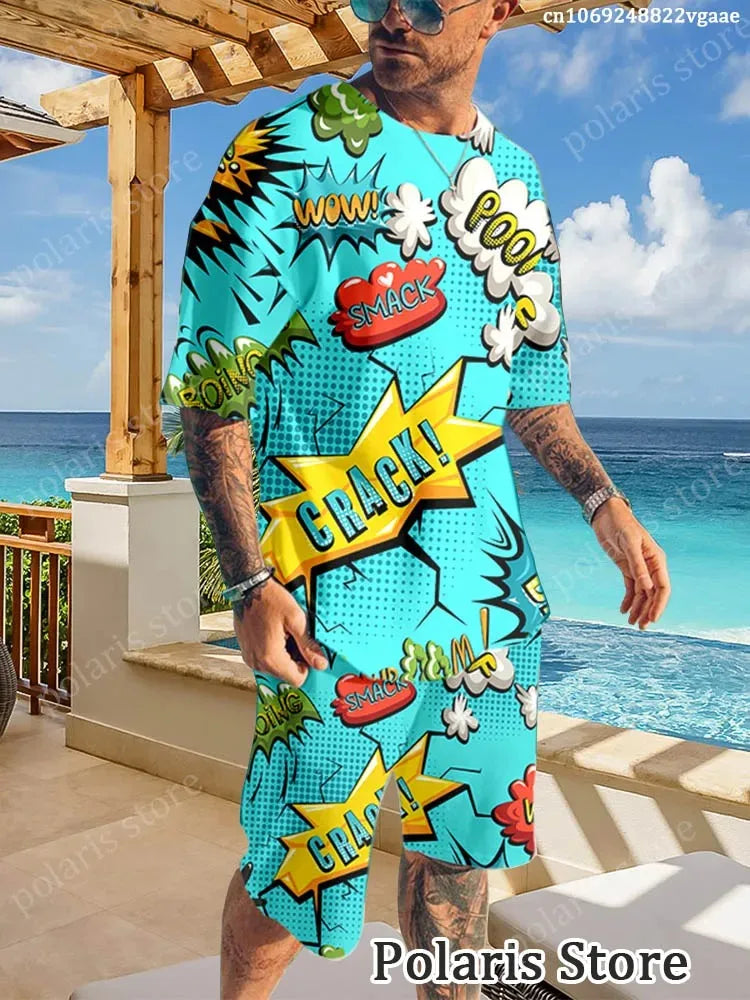 Summer Graffiti Sportswear Men's Fun T-shirt Set Manga Illustrations Loose Clothing Hip Hop Sportswear Two Piece Set Uniform Lig