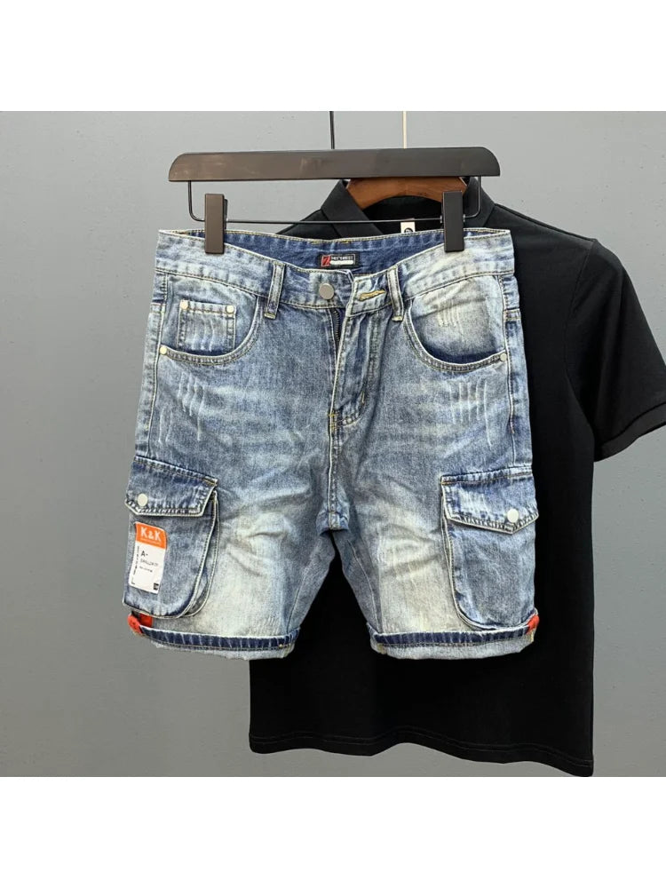 Summer Men's Fashion Pocket Baggy Jeans Shorts Loose Straight Capris Jeans For Men Streetwear Cargo Short Pants ropa hombre