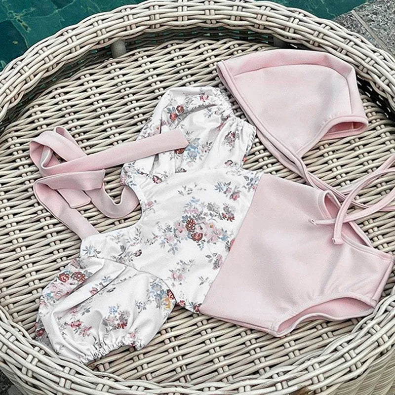 2024 New Summer Infant Baby Girls Swimsuit+Hat 0-3Yrs Kids Swimwear Toddler Baby Girls Beachwear Short Sleeved Printing Rompers