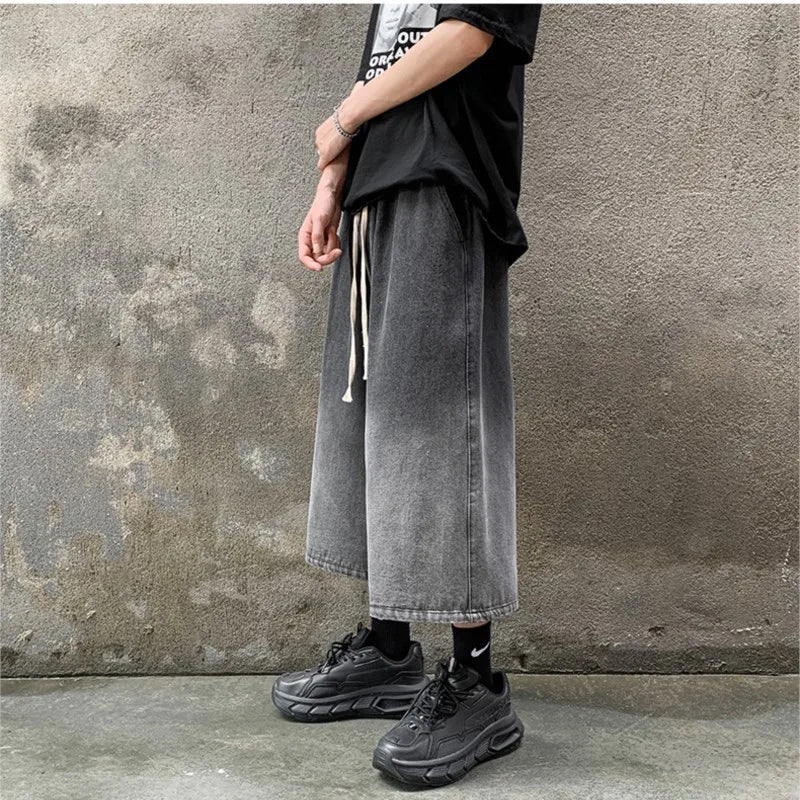 Men Denim Shorts Wide Leg  Jorts Jeans Black Man Summer Streetwear Oversize Casual Baggy