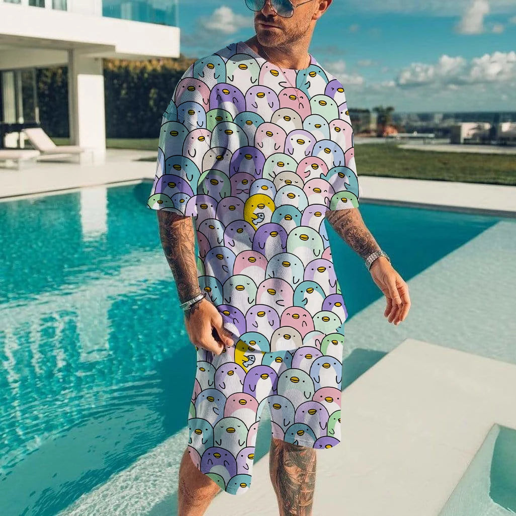 Summer Graffiti Sportswear Men's Fun T-shirt Set Manga Illustrations Loose Clothing Hip Hop Sportswear Two Piece Set Uniform Lig