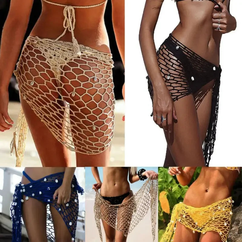 Fishnet Solid Color Shells Swimsuit Skirt Bikini Cover-Up Shawl Summer Beach Cover Up Women's Swimwear Triangle Wrap