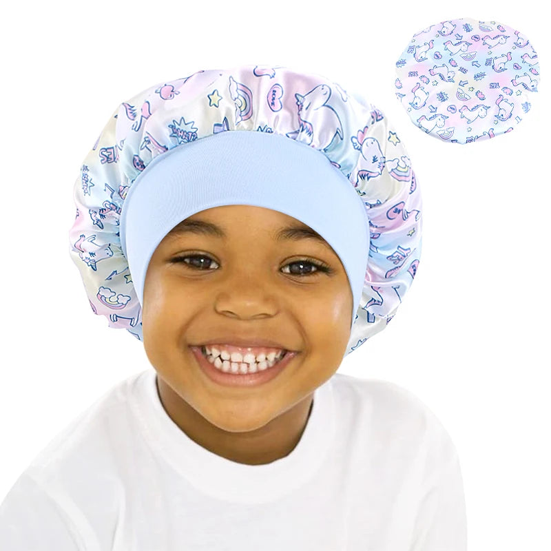 Cartoon Baby Kids Print Satin Bonnet Sleep Hat Cap for Curly Hair Adjustable Silky Satin Cap for Toddler Night Sleep Caps Beanie
