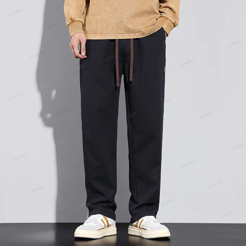 All Seasons Soft Lyocell Fabric Men's Pants Loose Straight Drawstring Elastic Waist Korea Casual Trousers Plus Size M-4XL