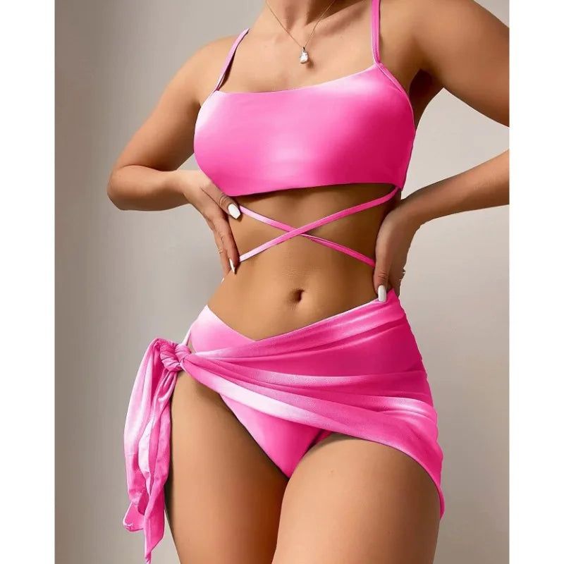2025 Three-piece Mesh Skirt Split Swimsuit Tie-dye Bikini Fashion Swimsuit Women Bathing Suit Women