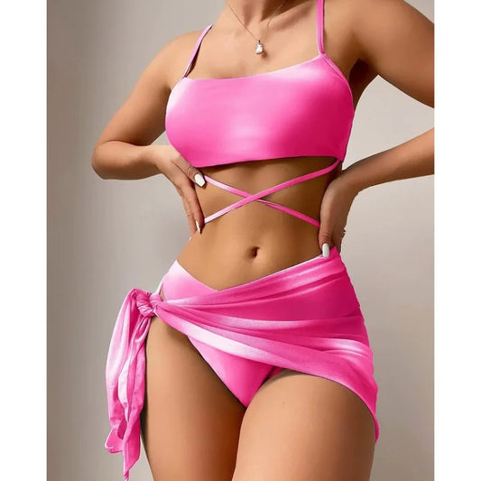 2025 Three-piece Mesh Skirt Split Swimsuit Tie-dye Bikini Fashion Swimsuit Women Bathing Suit Women
