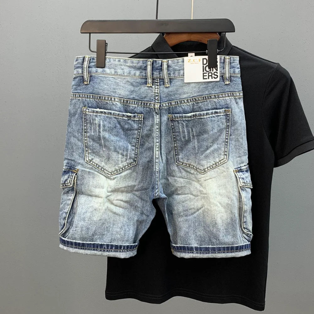 Summer Men's Fashion Pocket Baggy Jeans Shorts Loose Straight Capris Jeans For Men Streetwear Cargo Short Pants ropa hombre