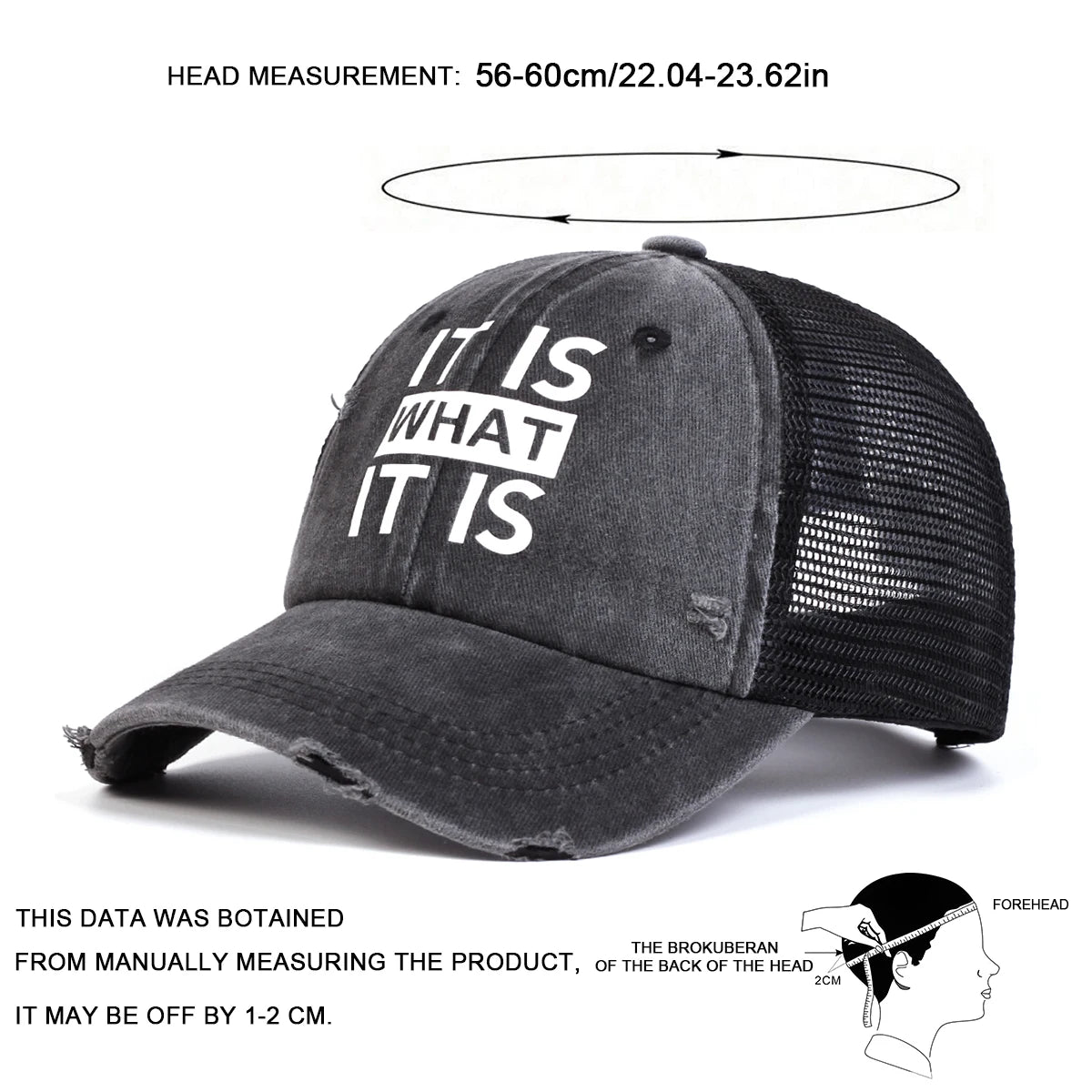 Unisex IT IS WHAT Letter Print Wash Baseball Net Caps Hip Hop Cap Spring Summer Outdoor Adjustable Casual Hats Sunscreen Hat ﻿