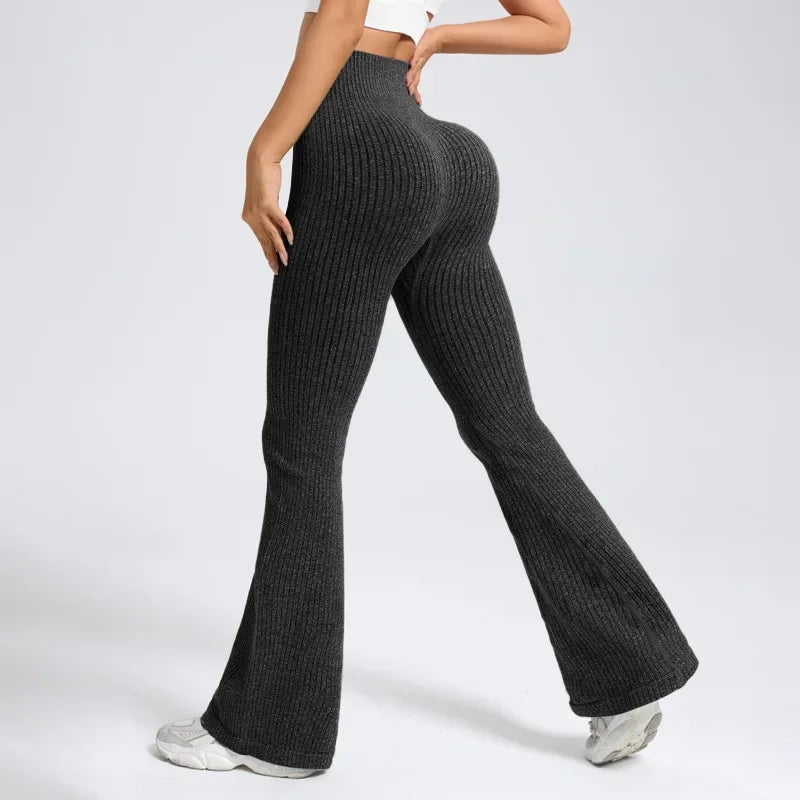 Seamless High Waist Yoga Flared Pants Textured Ribbed Design Tummy Control Fitness Workout Stretchy Bootcut Leggings Comfort