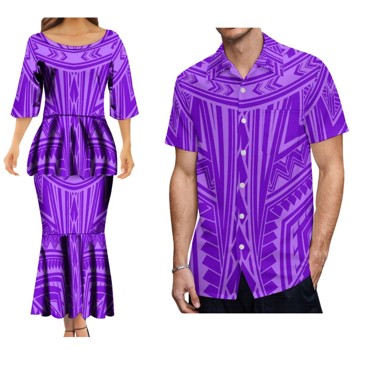Polynesian Tribes Print Family Matching Clothing Couple Clothing Samoan Dress Puletasi Suit And Plus-Size Men'S Shirt