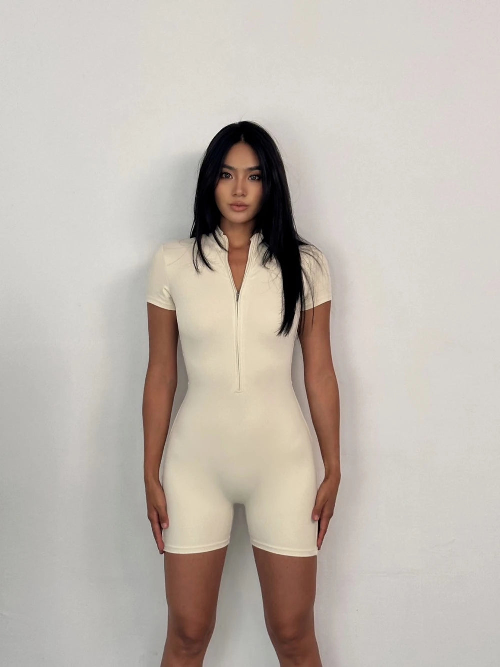 Womens Yoga Jumpsuits Short Sleeve Thin Slim Fit Stretch One Piece Playsuits Romper Sexy Fitness Female Basic Zipper Sportwears