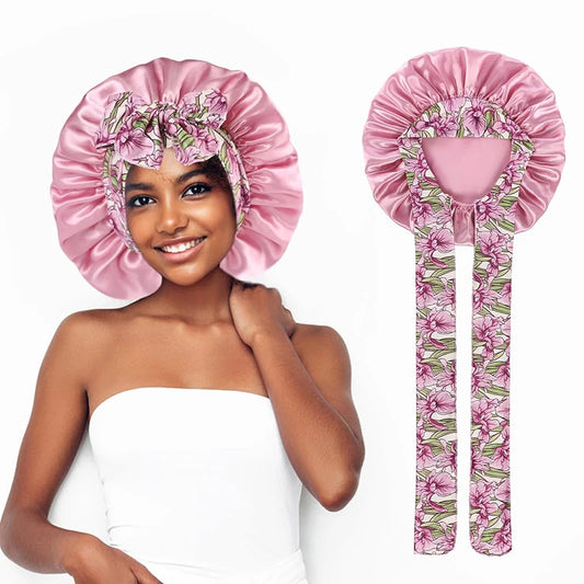 Women's Lace-up Satin Bonnet With Wide Stretch Ties Band Long Tail Bonnet Satin Cheveux Nuit Silky Sleeping Night Cap Bonnets