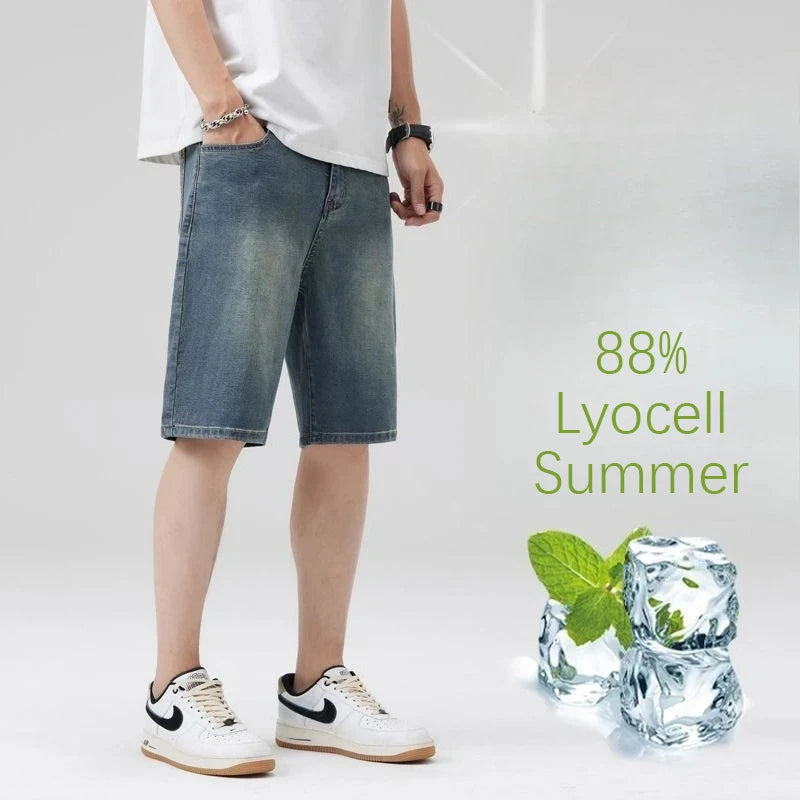 Ultrathin Fashion Straight Jeans Men Summer New Vintage Denim Pants Casual Loose Lyocell Fabric Male Personality Short Baggy