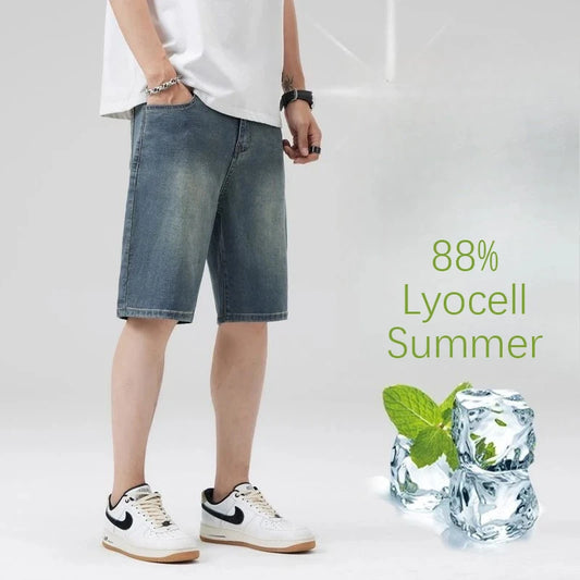 Ultrathin Fashion Straight Jeans Men Summer New Vintage Denim Pants Casual Loose Lyocell Fabric Male Personality Short Baggy