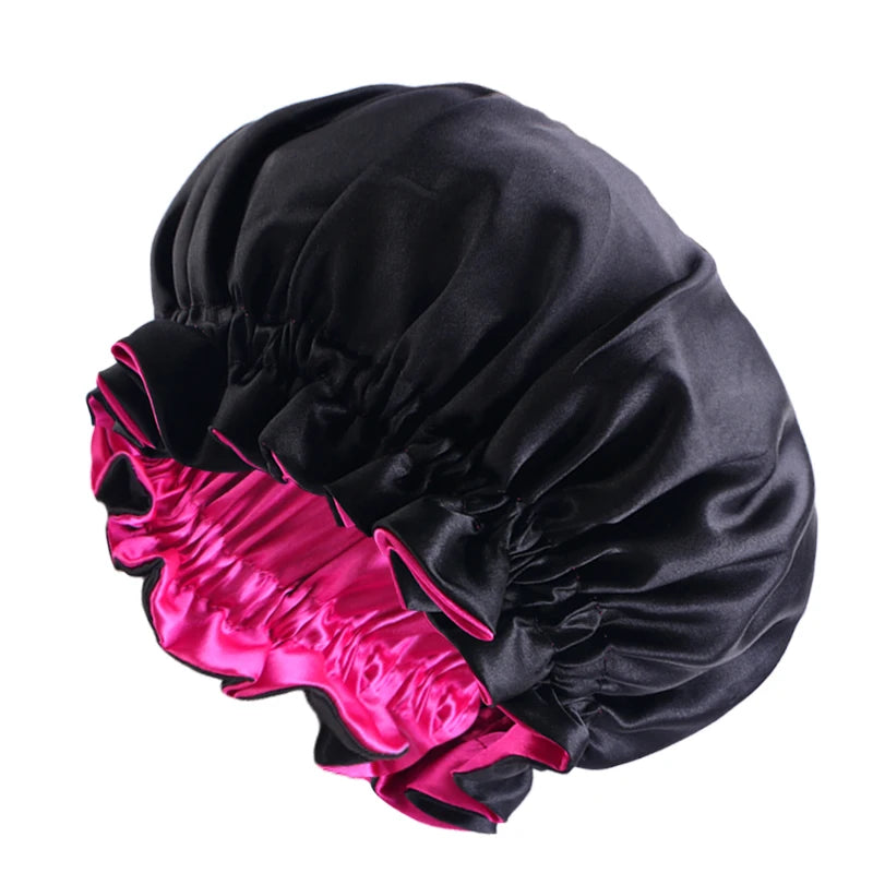 New Solid Elastic Double Layer Satin Bonnet Nightcap Doubleside Women Shower Bath Caps Night Sleep Hair Protection Hat