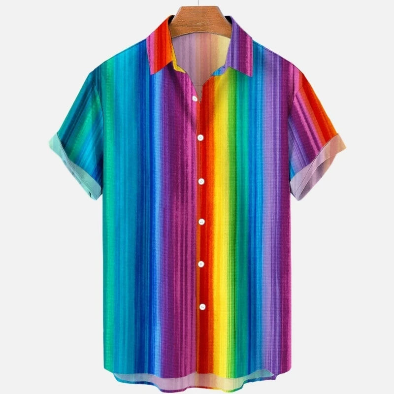 Summer Oversized Romantic Men'S Shirt Rainbow Pattern Fashion Short Sleeve Print Top Simple High Quality Street Loose Hawaiian