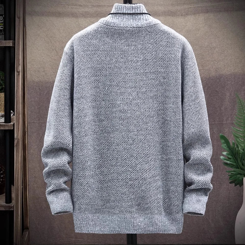 New Fleece Men's Large Size Half Turtleneck Sweater Men's Zipper Knit Sweater Slim Fit Casual Pullover Fall Winter Men