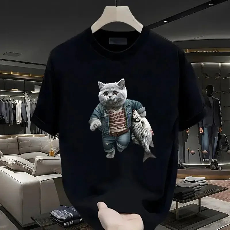 2024 New Super Cute Cat European and American Fashion Short sleeved Women's Essential Cartoon Print T-shirt Exquisite Gift
