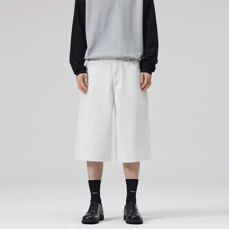 100% Cotton White Jeans Summer Men's Shorts Baggy Wide-leg Casual Calf-length Denim Pants Oversized Loose Fashion Streetwear