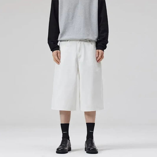 100% Cotton White Jeans Summer Men's Shorts Baggy Wide-leg Casual Calf-length Denim Pants Oversized Loose Fashion Streetwear