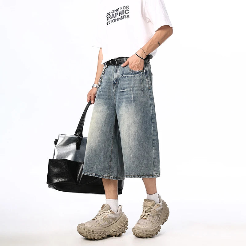 Summer New Mens Oversized Wide Shorts Lightning Cracked Y2k Baggy Jeans Washed Streetwear Fashion Loose Calf-length Denim Pants
