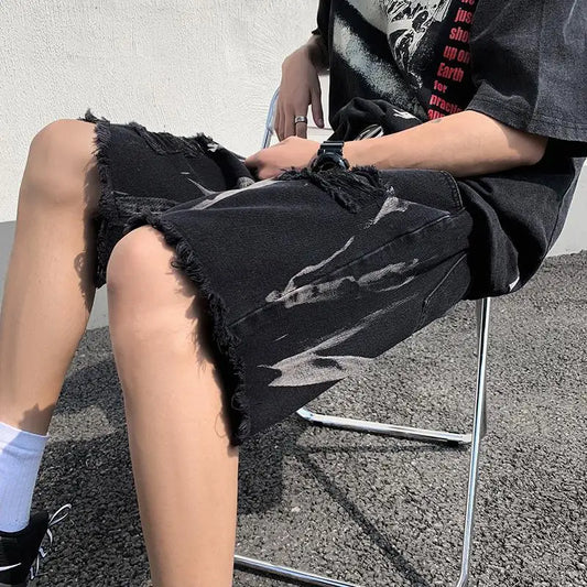 Tie-dye Furnished Denim Shorts Men's Ripped High Street Design Over-the-knee Five-point Pants