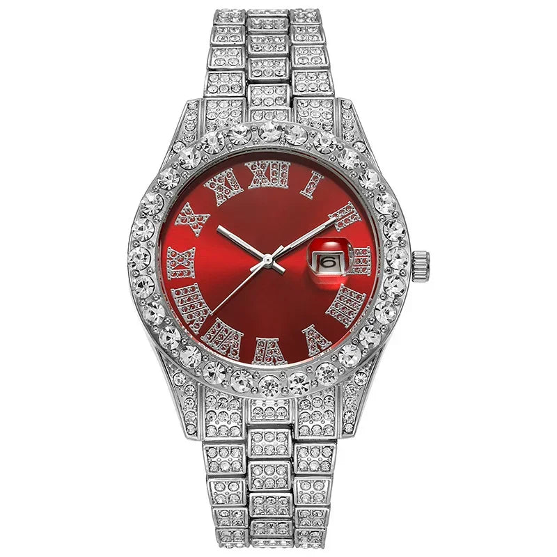 Hip Hop Watch for Men Iced Out Bling Full Diamond Luxury Quartz Watch Analog Roman Calendar Watch for Men Women