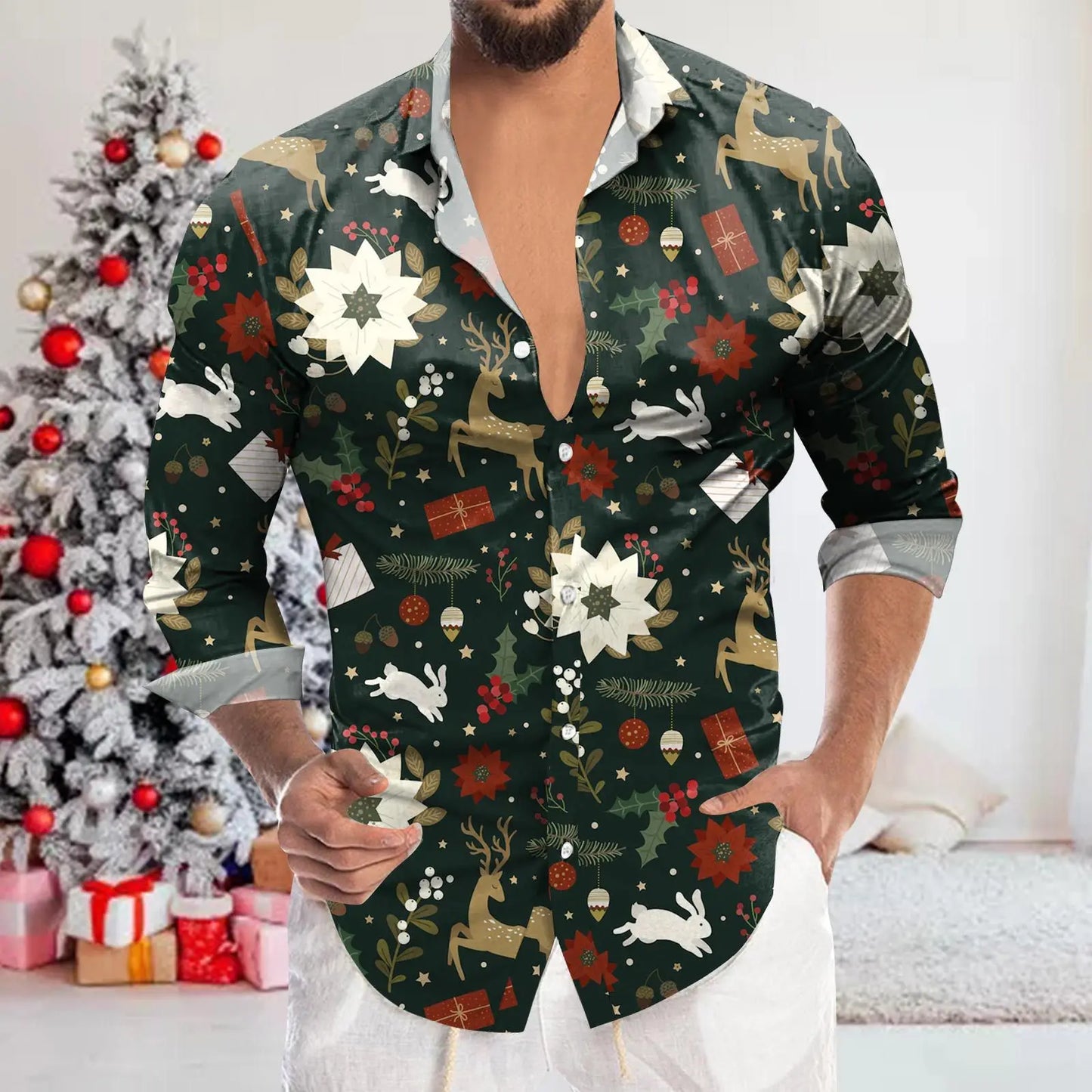 Men's Shirt Merry Christmas Print Long Sleeve Shirt For Men Vacation Party Luxury Y2k Hawaiian Smooth Clothes Streetwear Blouse