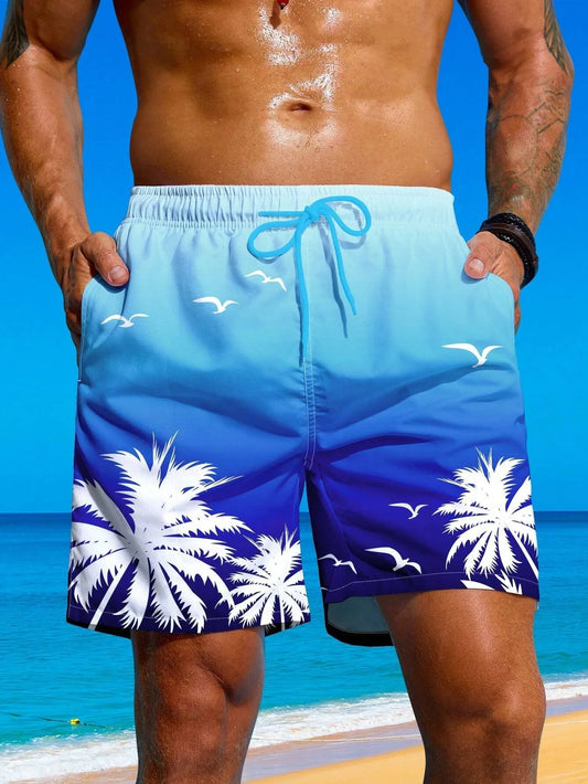 New Summer Vacation Men's Palm Tree Print Drawstring Waist Board Shorts Fashion Swim Trunks 3D Print Breathable Short Streetwear