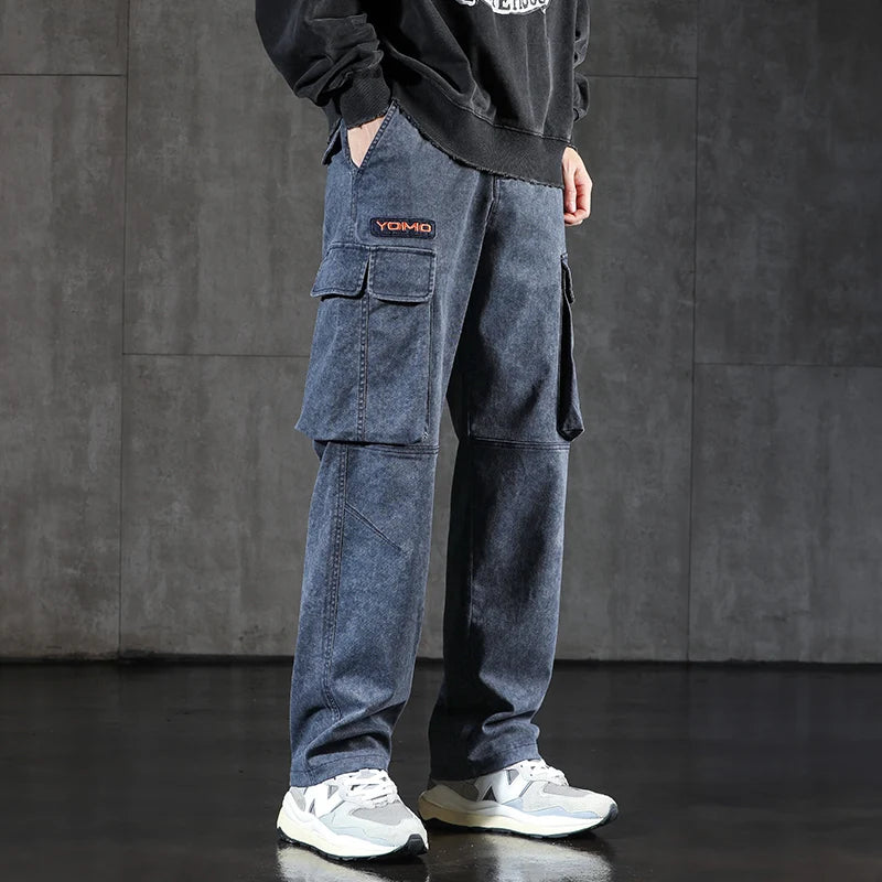 New Men's Loose Cargo Jeans Outdoor Paratrooper Straight Pants Fashionable Stretch Loose Wide Leg Pants Large Size 4XL 5XL