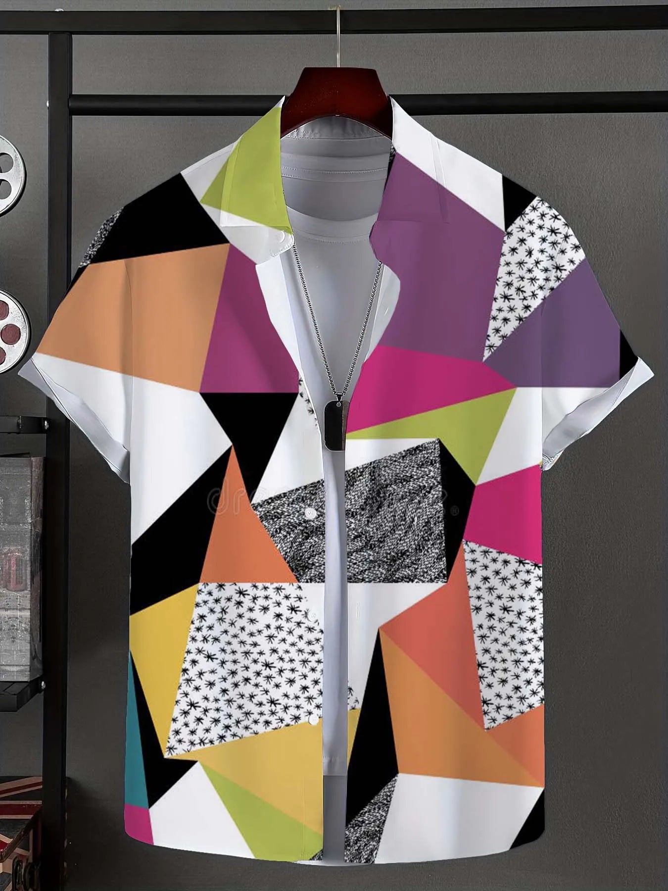 Men's Shirt Novel striped patchwork Graphic Button Up Shirt Fashion Casual New Unisex Shirt Vacation Lapel Short Sleeves Shirt