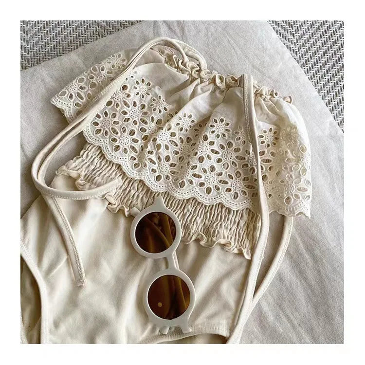 deer jonmi 2025 Summer Korean Style Baby Girls Swimsuits Lace Hollow Out Toddlers Kids Beach Vacation Bikini Children Swimwear