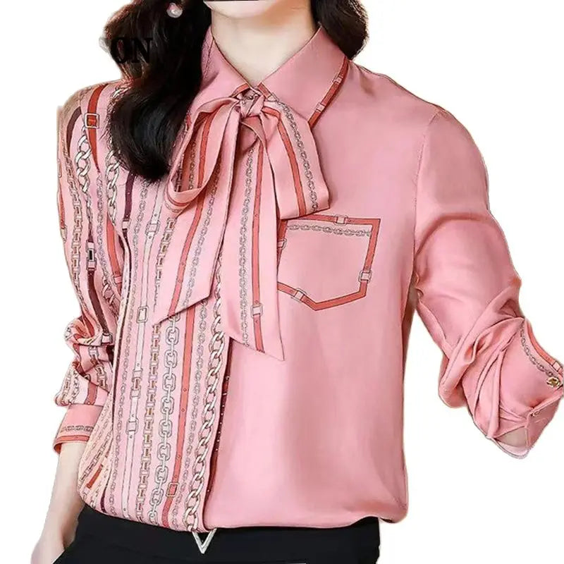 FANIECES Bow Tie Neck Blouse For Women Spring Autumn Long Sleeve Tops Pink Luxury Print Shirt Elegant Fashion Blusa Mujer Moda