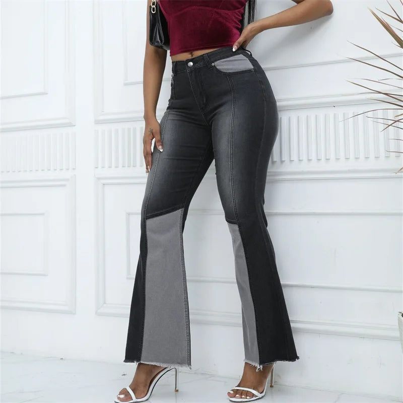 Fashion High Waist Washed Flared Jeans Women Casual Commuter Wide Leg Denim Pants Female Chic Colour Blocking Patchwork Trousers